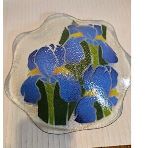 Blue Iris Fused Art Glass Bowl Peggy Karr retired Ruffled edge, Hand Painted 8"